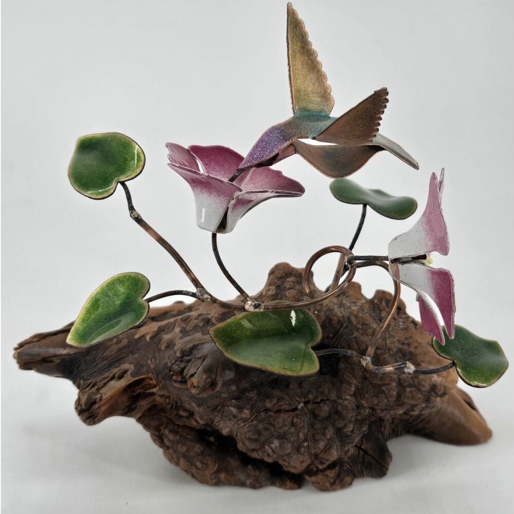Vtg 70s Enamel Copper Hummingbird and Flowers on Burlwood Sculptural Figurine
